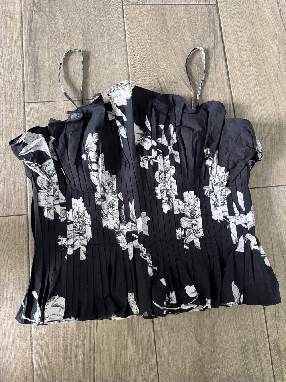 White House Black Market Black Floral Pleated Spaghetti-Strap (Removable) Top